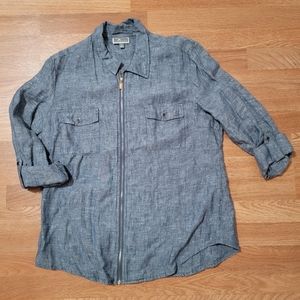 JM Collection Linen Zip Up Long Sleeve Top